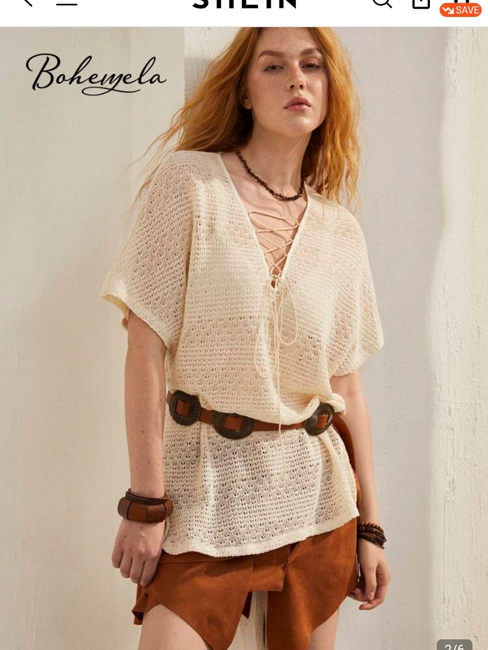 Boheme Cream Lace-Up Openweave Knit Tunic